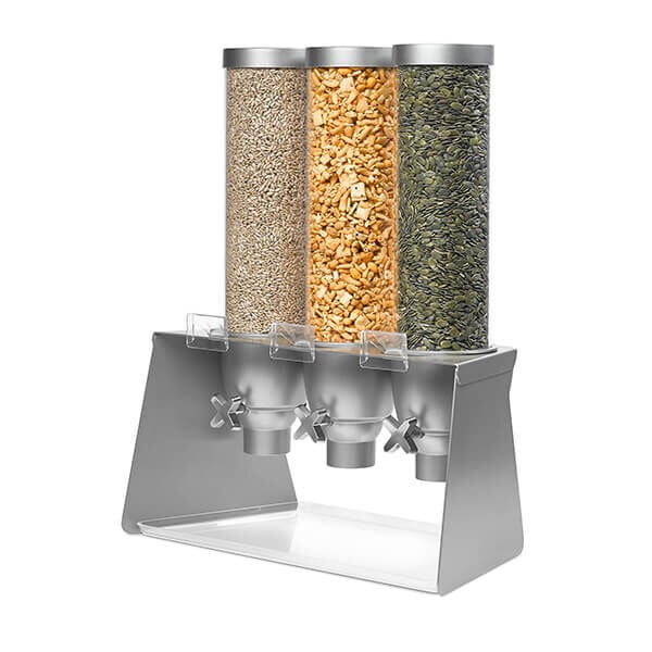 A Rosseto triple cereal dispenser with different grains in each container.
