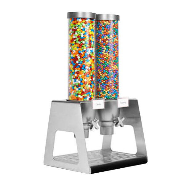 A close-up of a Rosseto double canister cereal dispenser filled with colorful candies.
