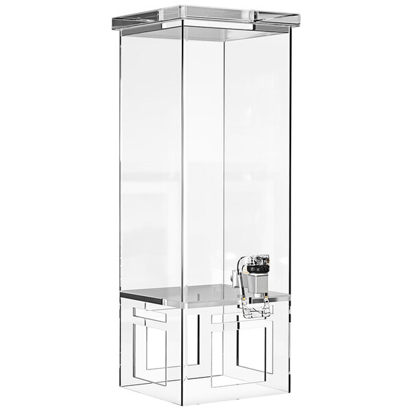 A clear acrylic square box with a clear acrylic base and silver spout.