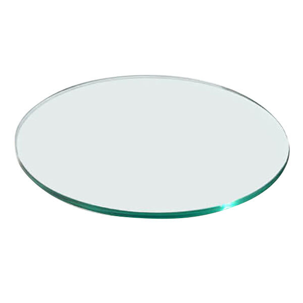 A Rosseto clear tempered glass round riser shelf on a table.