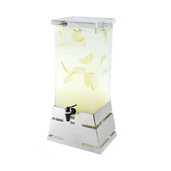 A clear plastic beverage dispenser with a stainless steel base filled with lemonade and lemon slices.