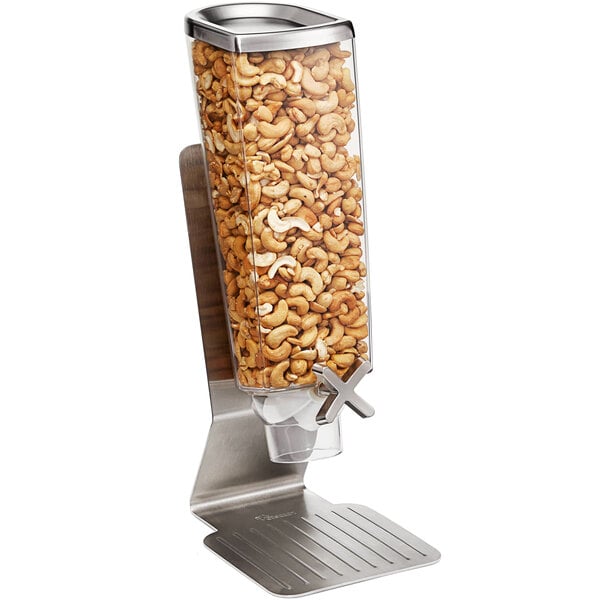 A Rosseto stainless steel cereal dispenser filled with cashews.