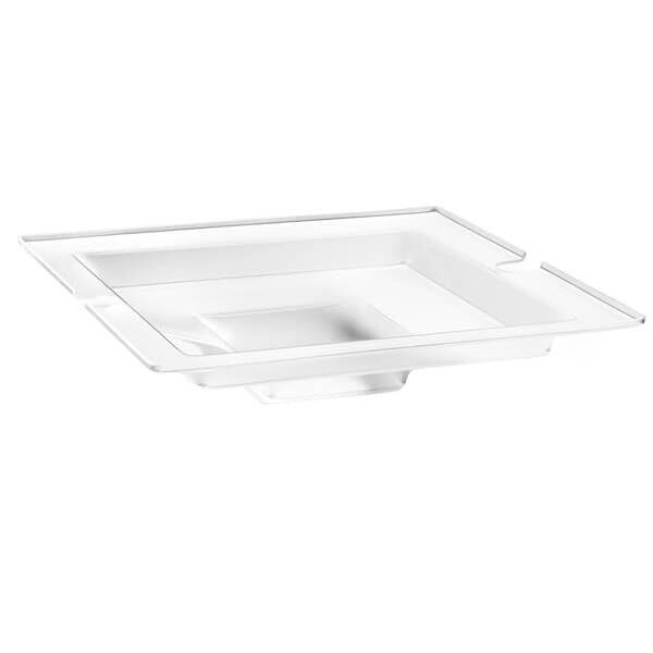 A frosted acrylic square tub with a swan neck handle on a white shelf.