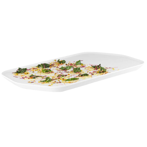 A white Rosseto melamine rectangular tray with food on it.