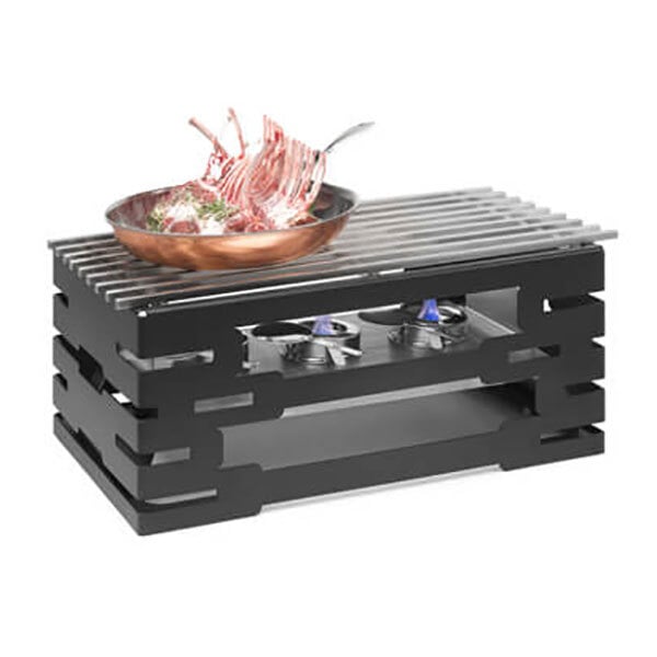 A black Rosseto chafer alternative grill with food on it.