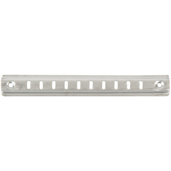 A silver metal Avantco Pilaster with holes.