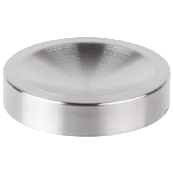 A stainless steel circular dispenser lid.