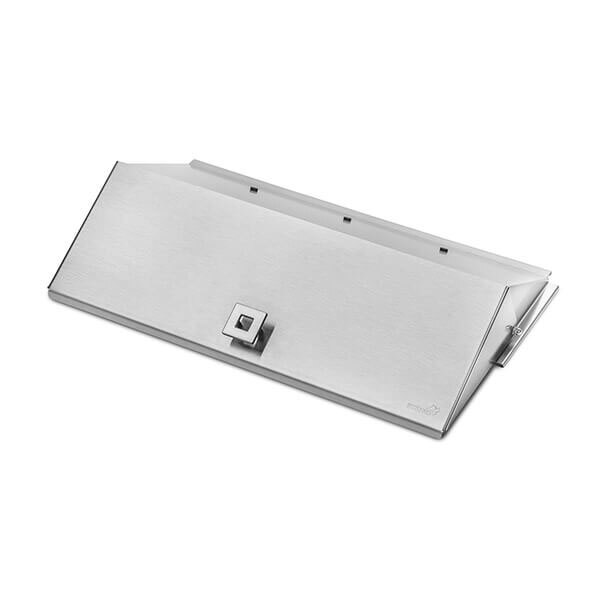 A silver stainless steel rectangular lid with a square button.