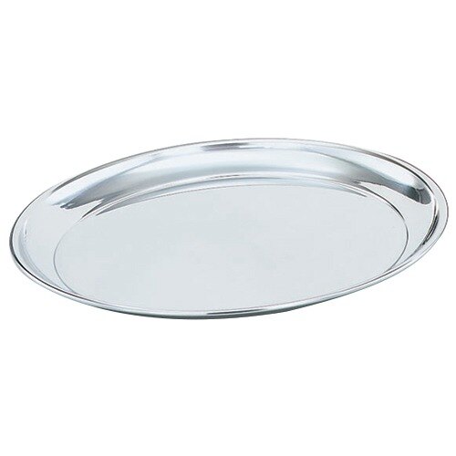 A Vollrath stainless steel round tray with a mirror finish and a round rim.
