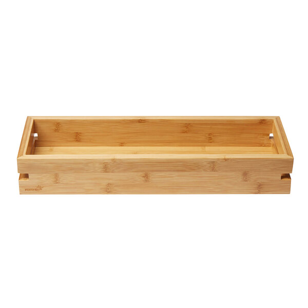 A Rosseto Natura bamboo tray with handles on a table in a salad bar.