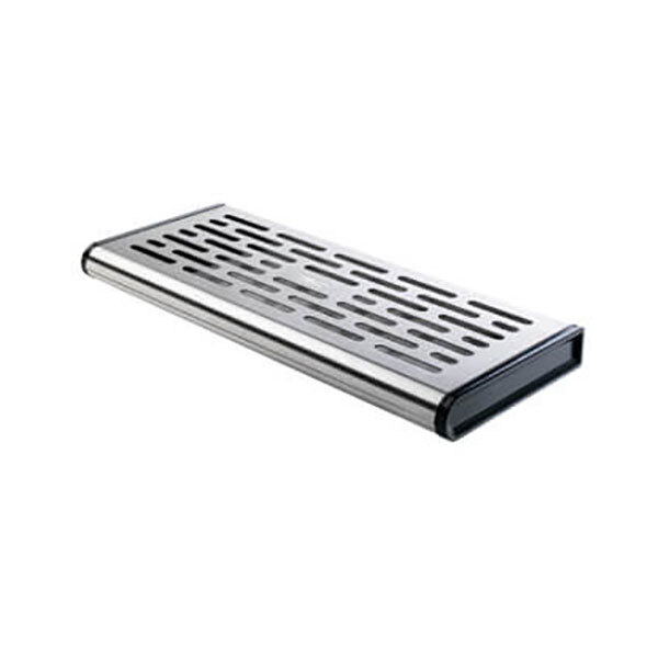 A silver stainless steel rectangular tray with holes.