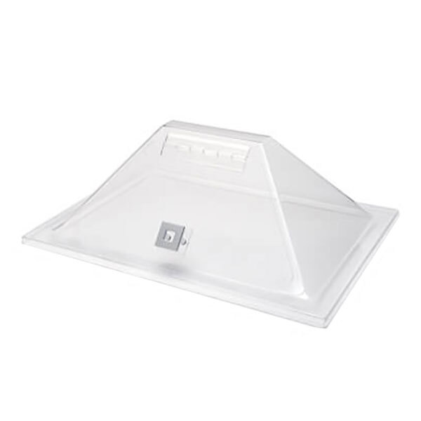 A clear plastic pyramid cover with a flip door.