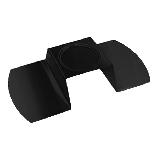 A black matte steel stand with a curved edge and a circle on it.