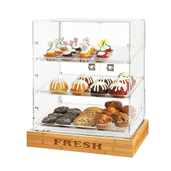 Rosseto BD125 2 Door Acrylic Bakery Display Case with 3 Frosted Trays and "FRESH" Bamboo Base - 21 1/2" x 17" x 25 1/2"