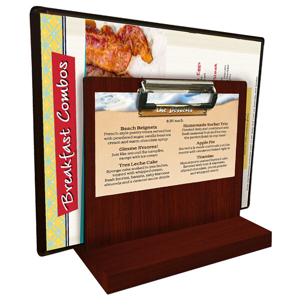 A mahogany wood tabletop menu caddy with a menu on it.