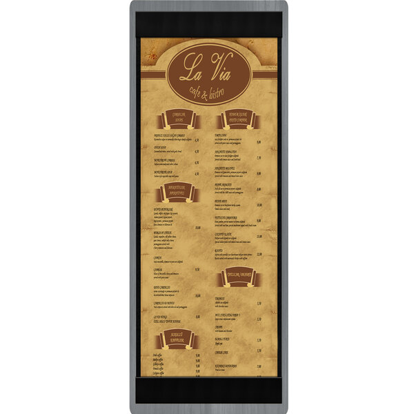 A customizable wood menu board with brown and tan strips at the top and bottom.
