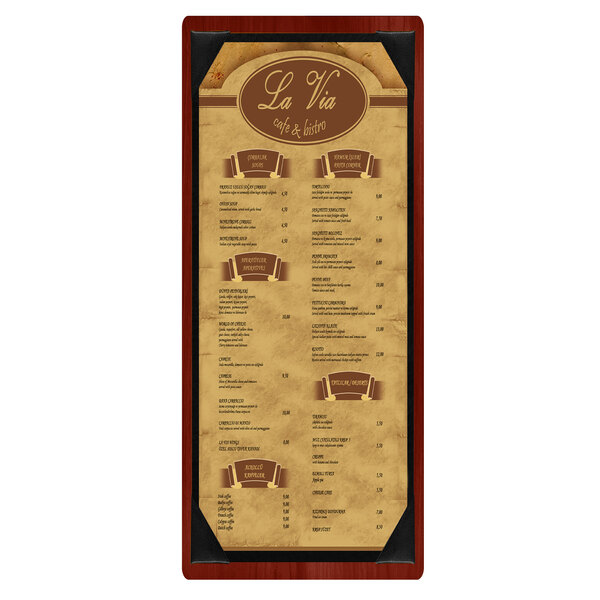 A Mahogany wood menu board with picture corners.