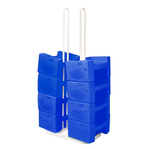 A blue plastic storage rack with white poles holding blue plastic booster seats.