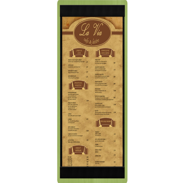 A Menu Solutions wood menu board with custom top and bottom strips for a restaurant menu on a white background.