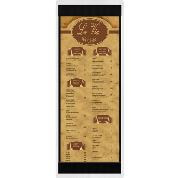A white customizable wood menu board with top and bottom strips.