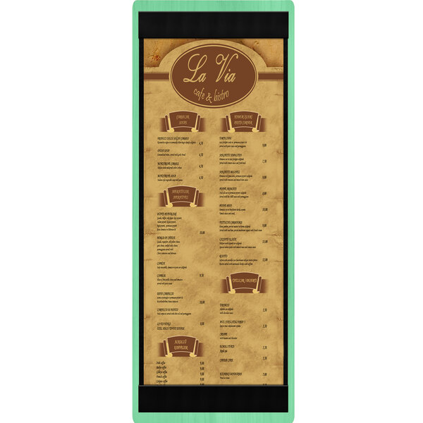 A customizable teal wood menu board with top and bottom strips.