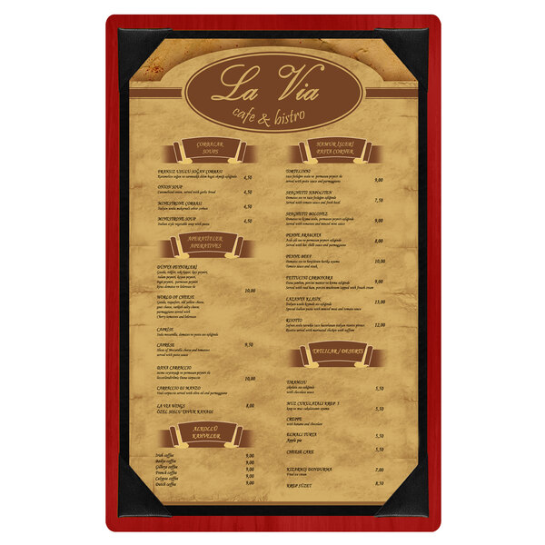 A Menu Solutions wood menu board with a white background and picture corners.