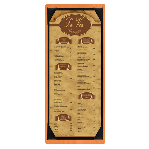A brown wood menu board with white picture corners.