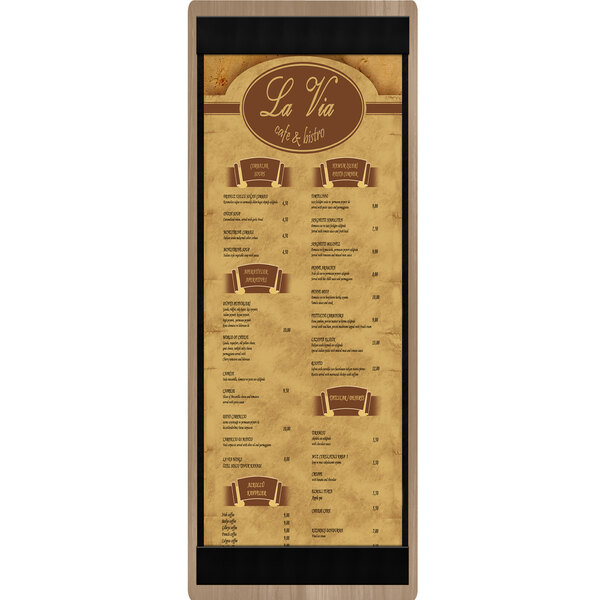 A weathered walnut wood menu board with top and bottom strips.