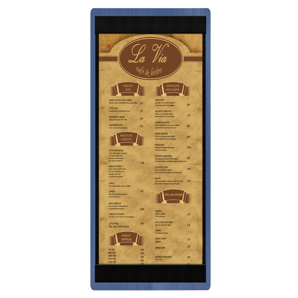 A brown wood menu board with blue top and bottom strips.