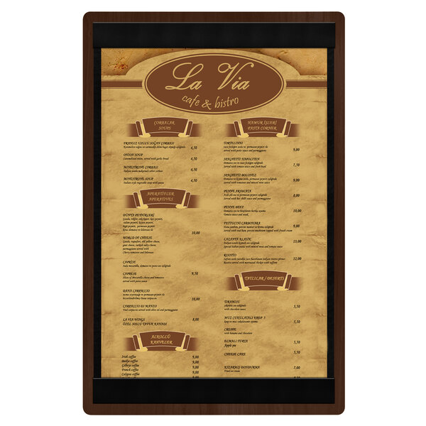 A walnut wood menu board with top and bottom strips.