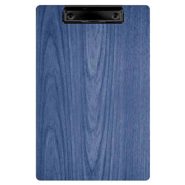 A blue wood grained Menu Solutions clipboard with a black clip.