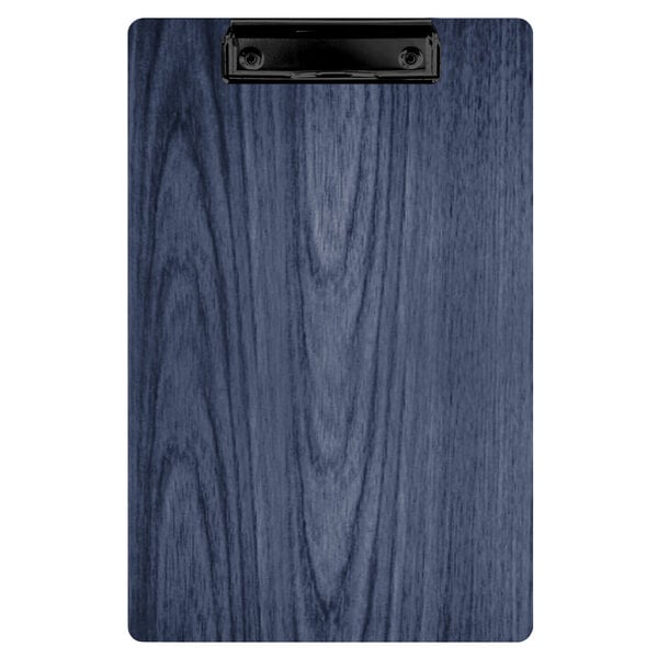 A Menu Solutions denim wood clipboard with a blue wood finish.