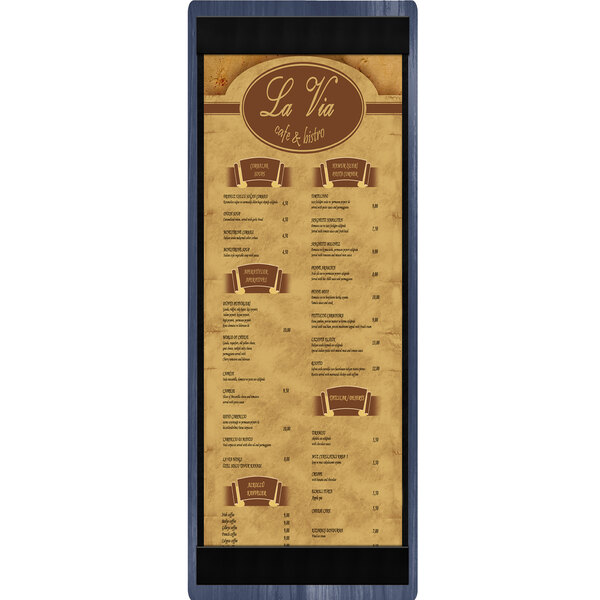 A Menu Solutions wood menu board with top and bottom strips on a brown background.