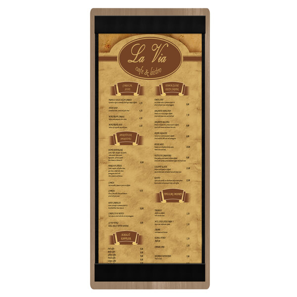 A brown weathered walnut wood menu board with top and bottom black strips.