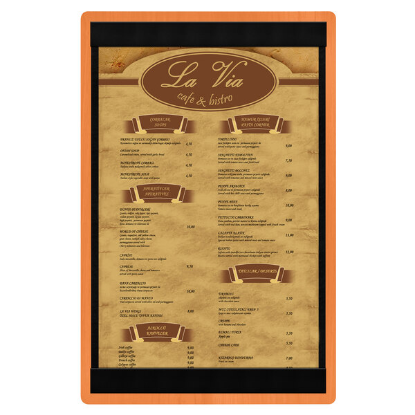 A Menu Solutions wood menu board with top and bottom black strips.