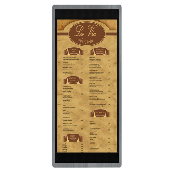 A customizable wood menu board with top and bottom strips.