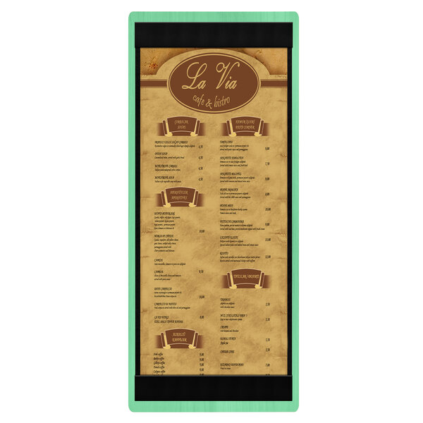 A customizable wood menu board with top and bottom strips on a brown background.