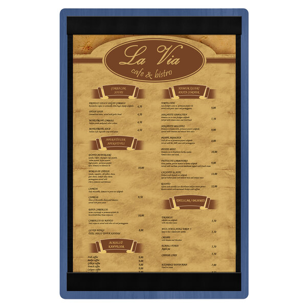 A Menu Solutions wood menu board with top and bottom blue strips.