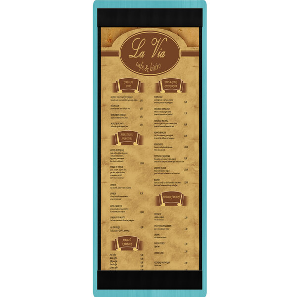 A customizable wood menu board with top and bottom strips and a sky blue background.
