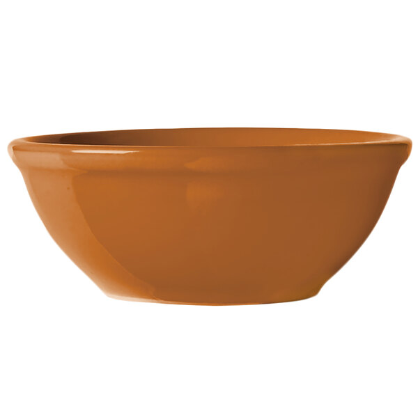 A close-up of a brown Libbey Veracruz oatmeal bowl.