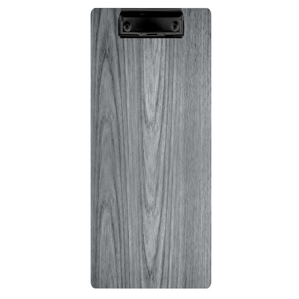 A grey wood Menu Solutions wood clipboard with a black clip.