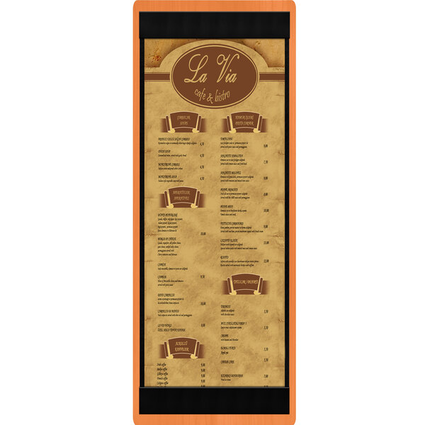 A Menu Solutions wood menu board with a brown and black frame.