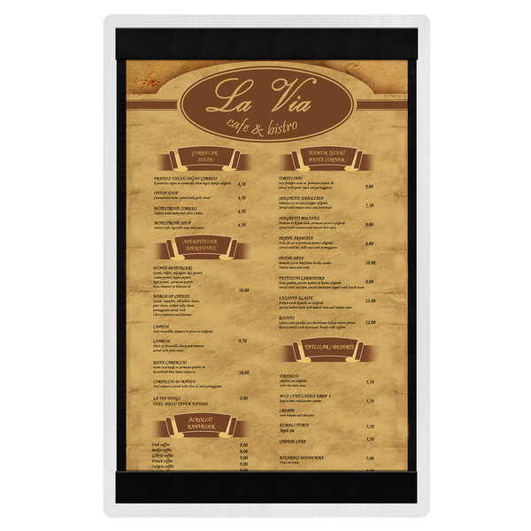 A white wash wood menu board with top and bottom strips holding a restaurant menu.