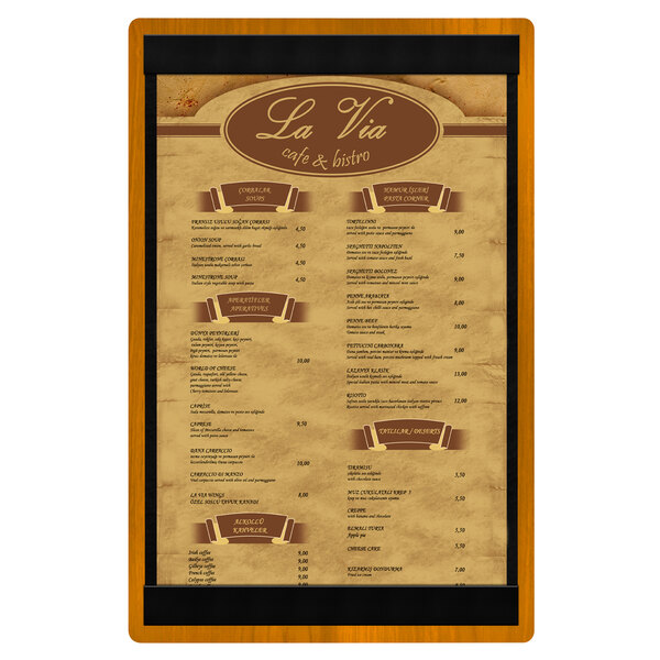 A Menu Solutions country oak wood menu board with top and bottom strips and a black frame.
