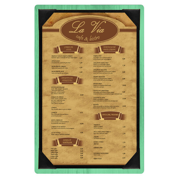 A customizable washed teal wood menu board with picture corners.