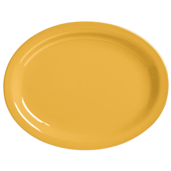 A yellow World Tableware Veracruz china platter on a white background.