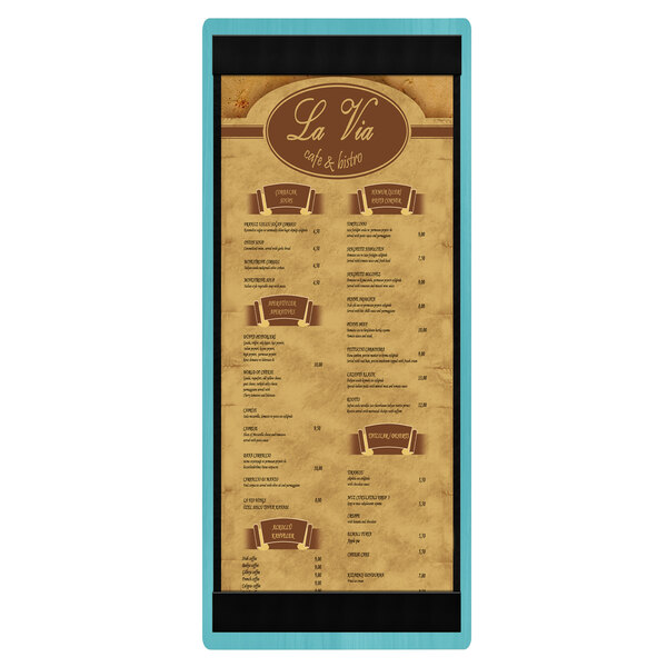 A Sky Blue wood menu board with top and bottom strips.