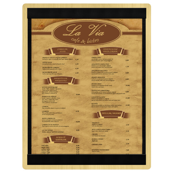 A Menu Solutions wood menu board with top and bottom strips.
