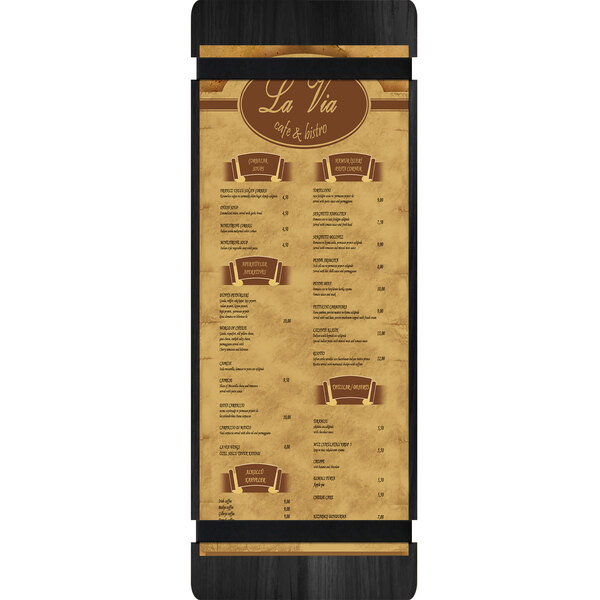 A black wood menu board with brown rubber band straps.