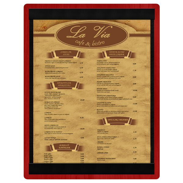 A Menu Solutions wood menu board with brown top and bottom strips.